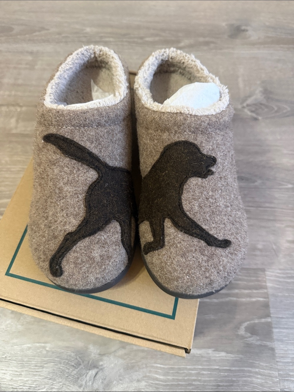 L.L. Bean Taupe Felt Slippers with Black Dog Silhouette